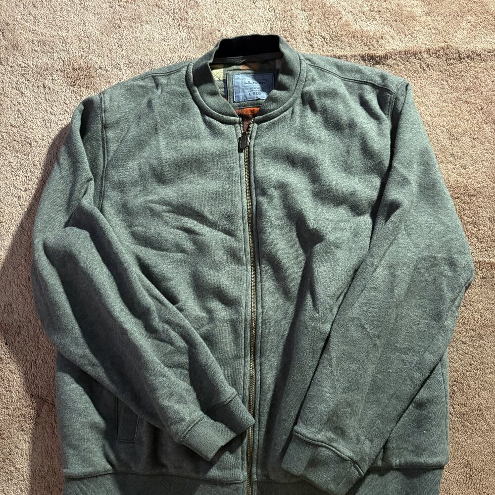 LL Bean Mens Gray Quilted Flannel Lined Bomber Jacket Large Traditional Fit